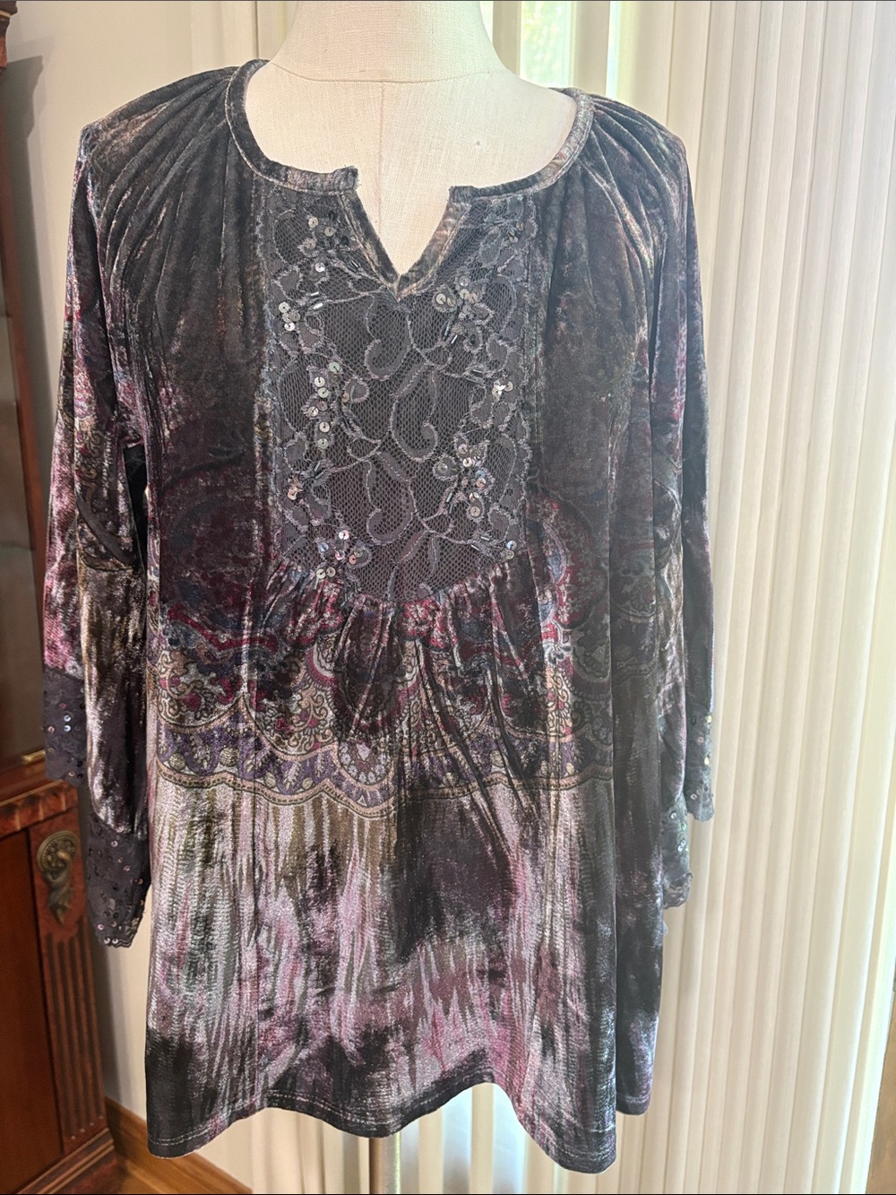 Style & Co. crush velvet lace sequins Paisley Print Top Purple and Brown Med